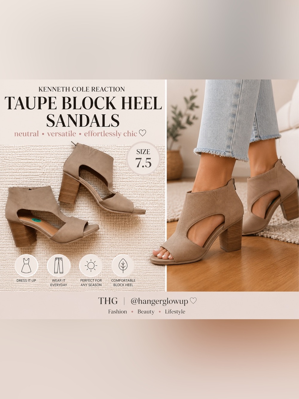 Reaction Kenneth Cole Taupe Block Heel Sandals Cutout Zip Back Size 7.5